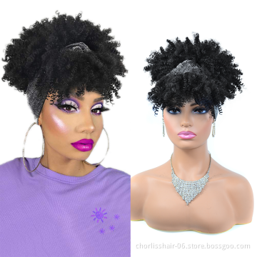 Wholesale Ombre Short Turban Wrap Wig Kinky Curly Synthetic Wig With Headband Afro Headband Wig Attached For Black Women Party